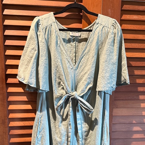 Magic Linen Dresses & Skirts - Sage Green Tie-Front Linen Dress